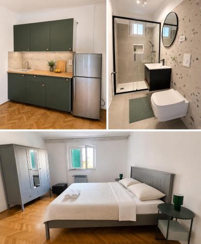 a kitchen and a bedroom with a bed and a refrigerator at Apartments Marko in Vodice