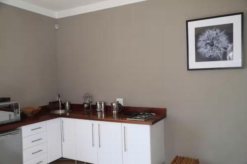 a kitchen with white cabinets and a picture on the wall at Palm View in White River