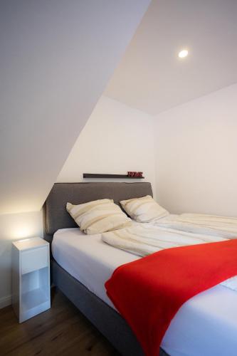 a bedroom with two beds and a red blanket at Reload Apartments - FeWo2 im Remmeker Feld in Bad Arolsen
