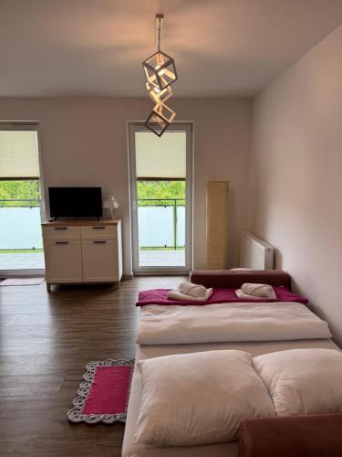 a bedroom with two beds and a television in it at Apartament Różany 2 in Busko-Zdrój