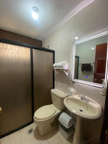 a bathroom with a toilet and a sink and a mirror at Comfortable house with an excellent location in Veracruz