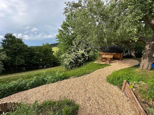 a gravel path with a bench and a tree at Schlaffass im Apfelhain in Hohenraunau
