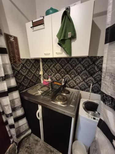 a small kitchen with a stove and a sink at Modern & Quiet City Apartment in Hannover