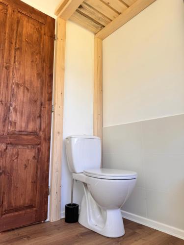 a bathroom with a toilet and a wooden door at Lesná Obývačka in Stará Huta