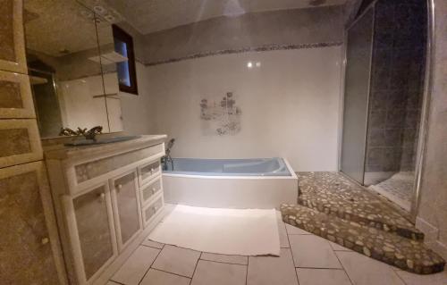 a bathroom with a tub and a shower and a sink at Le gîte des Sorbiers in Charmes-lès-Langres