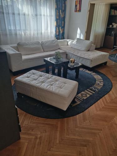 a living room with two couches and two tables at Apartman Kali Leskovac in Leskovac
