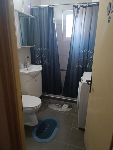 a bathroom with a toilet and a blue shower curtain at Apartman Kali Leskovac in Leskovac