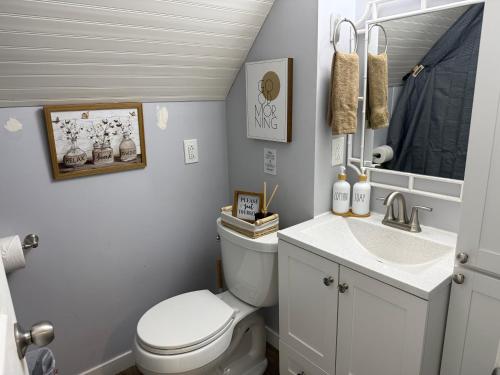 a bathroom with a toilet and a sink and a mirror at The Downtown Loft in Fairbanks