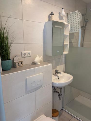 a white bathroom with a sink and a toilet at Ferienhuus Tüütje in Wolthusen