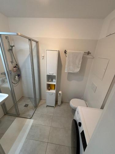 a bathroom with a shower and a toilet at Cozy Apartment in Graz