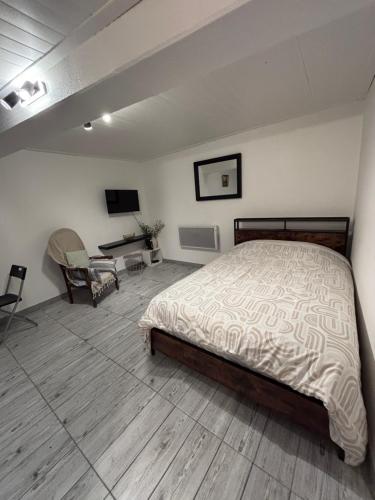 a bedroom with a bed and a desk and a television at Studio agréable et paisible in Aubagne