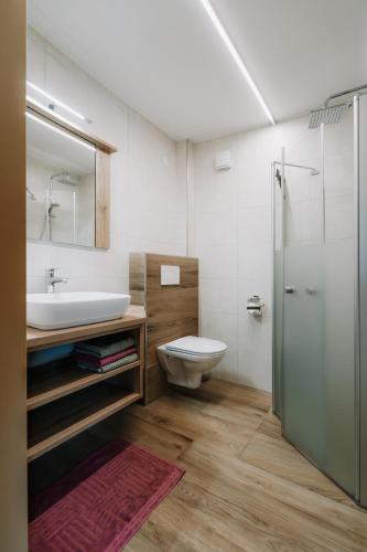a bathroom with a toilet and a sink and a shower at Weifer Biobauernhof in Prägraten
