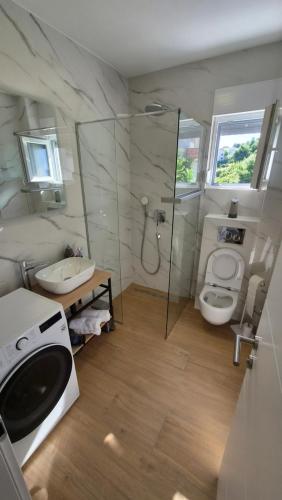a bathroom with a shower and a toilet and a sink at Villa Stanić in Omiš