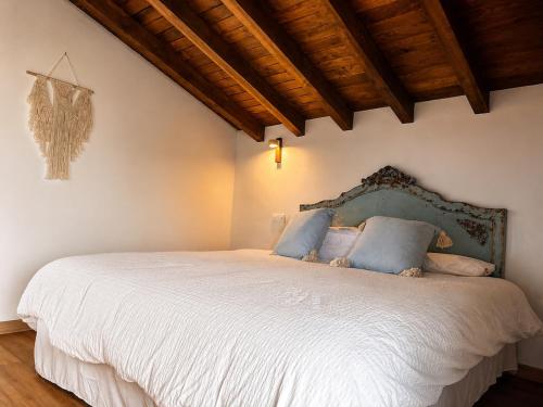 a bedroom with a large white bed with blue pillows at Laguna de Valfría in Fresneda