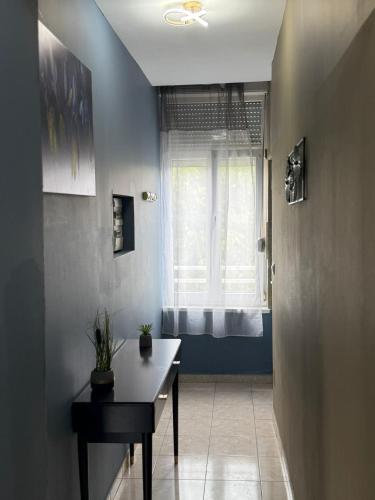 a hallway with a table and a window in a room at Appartement Cuvier in Roubaix