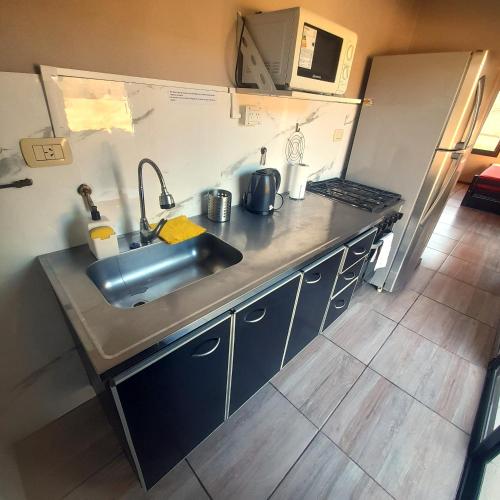 a kitchen with a sink and a counter top at Los Bambues Cabañas in El Volcán