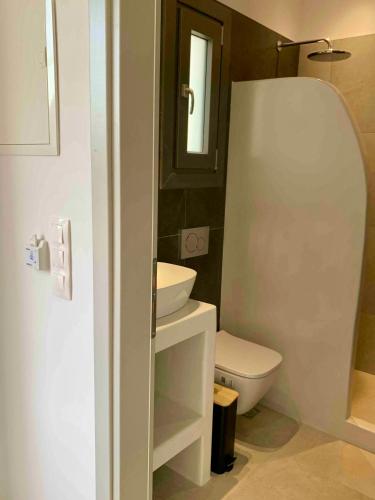 a small bathroom with a toilet and a sink at AiΘeria Suites Ios in Ios Chora