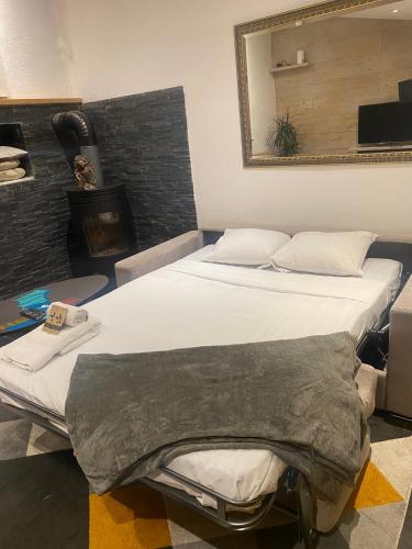 two beds in a room with a mirror on the wall at LE PANORAMIC- Sainte Agnès in Sainte-Agnès