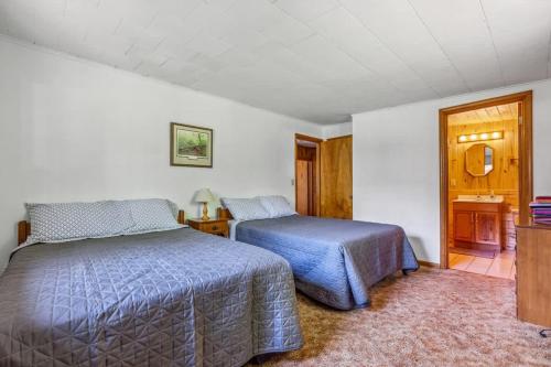 a bedroom with two beds and a television in it at Cabin #5 3BR 2BA Timberlane Resort in Park Rapids