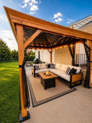a pergola with couches and a coffee table on a patio at Spacious Home with Fire Pit & Game Room Near Yale in Hamden