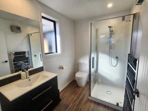 a bathroom with a shower and a sink and a toilet at Riverside retreat, Wanaka in Albert Town