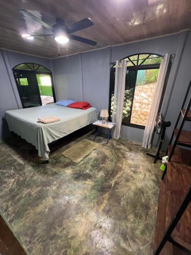 a bedroom with a bed and two windows at Casa Aloe in Pavones