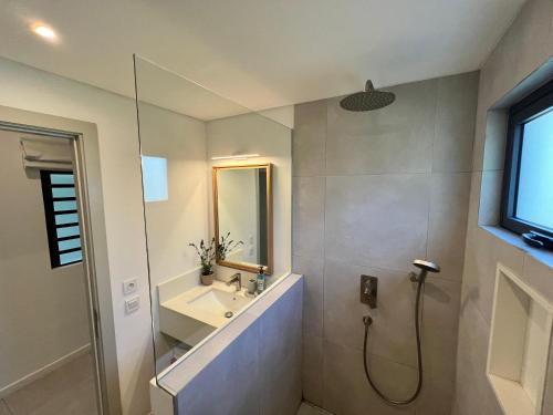 a bathroom with a sink and a shower at Eastern Blue Beachfront Apartment in Poste Lafayette