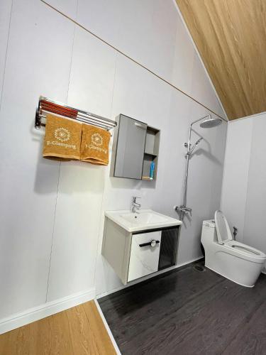 a small bathroom with a toilet and a sink at Suối Đá F-Glamping 2026 in Thiện Giáo