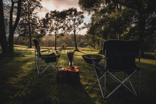 two chairs sitting in the grass in a field at Tiny Inja 1 by Tiny Away in Comleroy