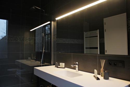 a bathroom with two sinks and a mirror at B&B VIENNA in Lokeren
