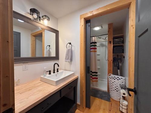 a bathroom with a sink and a mirror at Camptown Cabin in Eagle Rock