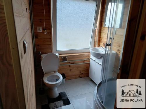 a small bathroom with a toilet and a sink at Leśna Polana in Zbiczno