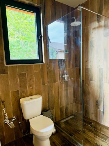 ein Badezimmer mit Toilette und Glasdusche in der Unterkunft Tianuli in Tushurebi
