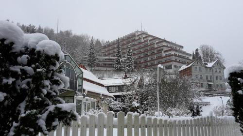 a snow covered city with a white fence and a building at Ferien Penthouse Panoramablick oder Studio Panoramablick in Bad Grund