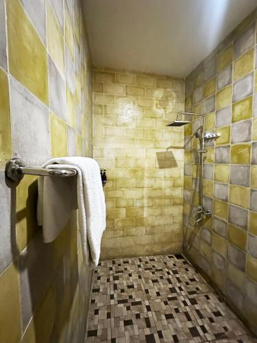 a bathroom with a shower with a towel at Cempaka Guesthouse in Silebeng