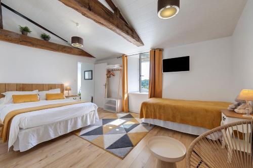 a bedroom with a bed and a tv in it at Aux Charmes D'antan - Chambre in Sevremont
