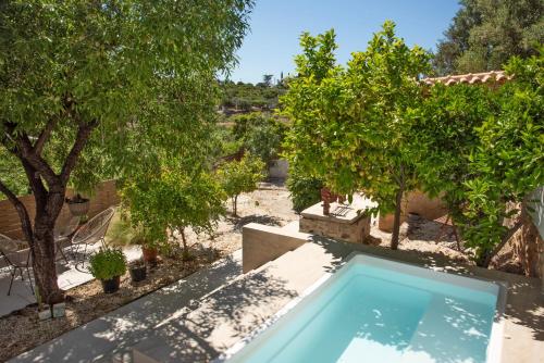 a swimming pool in the yard of a house with trees at Leonti Maison in Egina