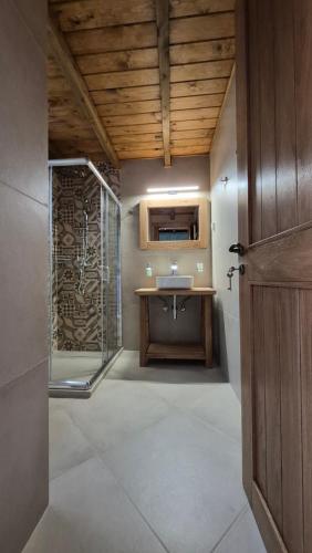 a bathroom with a sink and a glass shower at Stone Loft in Karpenisi