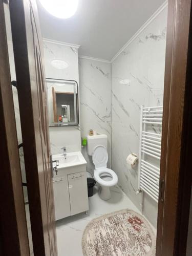 a bathroom with a toilet and a sink and a mirror at Apartamente Giu in Giurgiu
