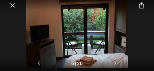 a bedroom with a bed and a television and a balcony at cosy forest chalet in Râşnov