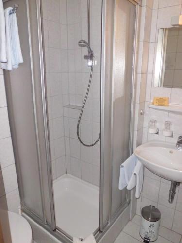 a bathroom with a shower and a sink at Restaurant - Pension Herrgottstal in Creglingen