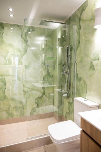 a bathroom with a toilet and a glass shower at DNS Elements Apartments 1 in Nea Karvali
