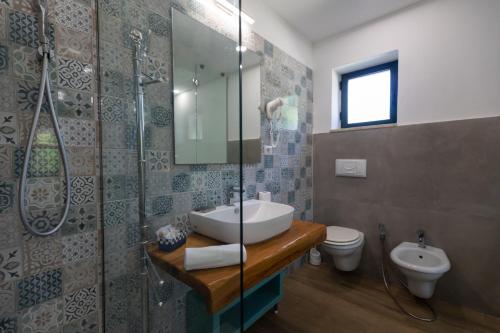 un bagno con lavandino, doccia e WC di Resort Sciabache a Zambrone