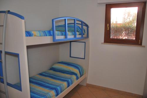 two bunk beds in a room with a window at Appartamenti Margherita - Zona mare con clima e posti auto in Campo nell'Elba