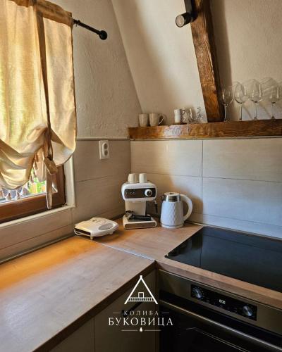 a kitchen with a counter top with a stove top at Koliba BUKOVICA in Šavnik