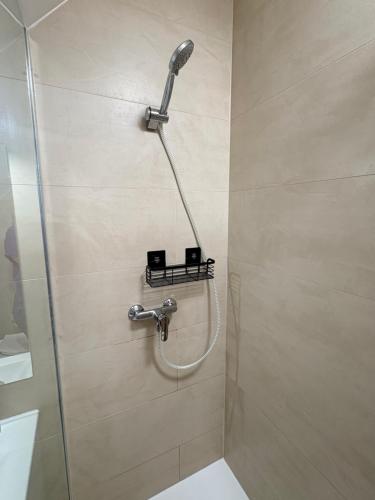 a shower with a shower head in a bathroom at Apartma Arja in Spodnje Gorje