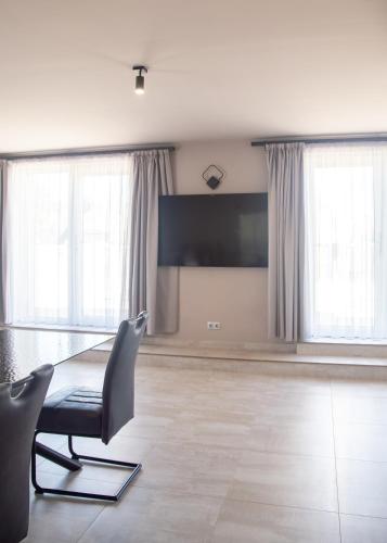 a living room with a chair and a flat screen tv at Maya Panzio-Rezidencia in Szeged