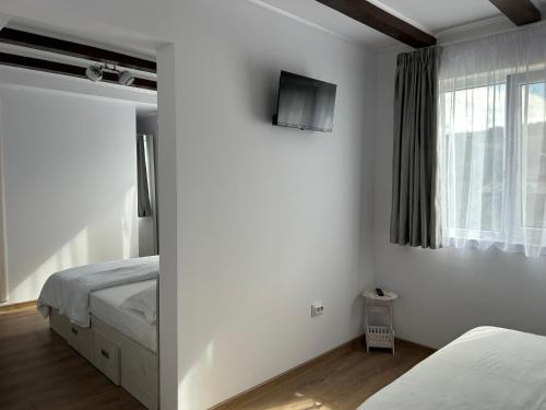 a bedroom with two beds and a tv on the wall at Vila Norina in Oeşti-Pămînteni