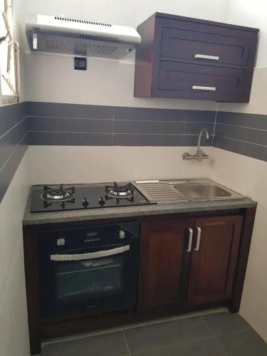 a kitchen with a stove and a sink at Appart'hotel Les Capucins in Mahajanga