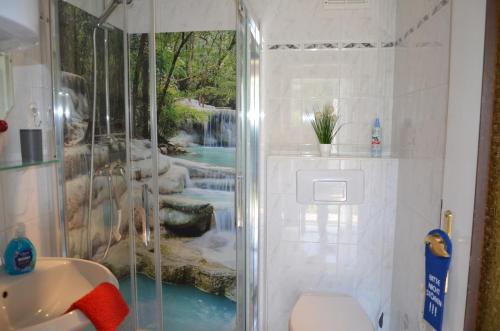 a bathroom with a shower with a waterfall mural at Ferieneinrichtungen Haus am Stein bei B in Königstein an der Elbe